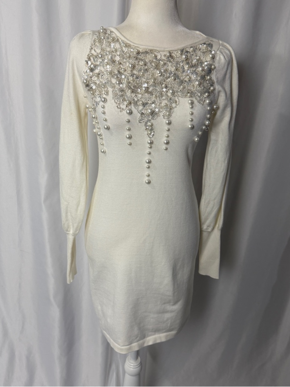 Boston Proper Ivory Embellished Knit Sweater Dress with Pearls